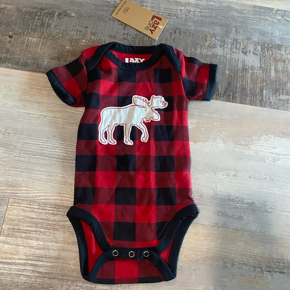 Lazy One Red and Black Plaid Baby Onesie with Moose